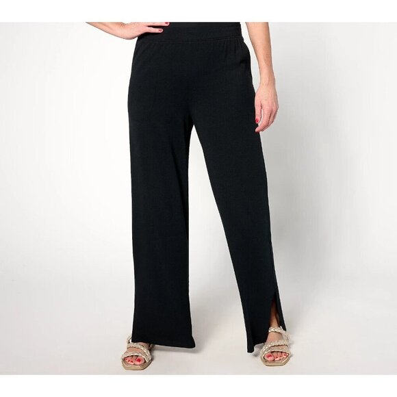 Denim & Co. Beach Jersey Tall Wide Leg Pant with Slits Black,Tall Large - Picture 1 of 1
